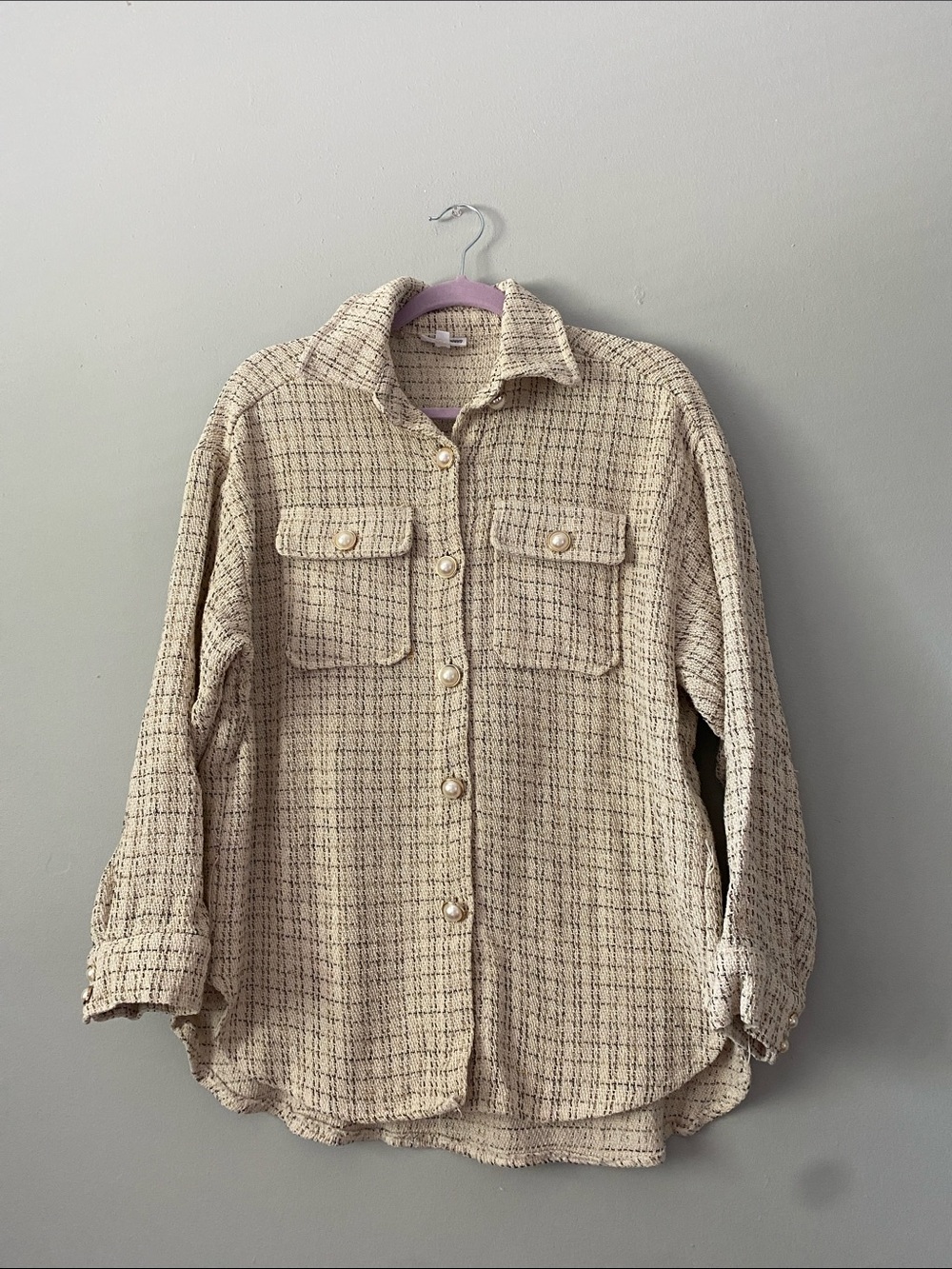 Cream Bouclé Button-Front Shacket with Pearl Buttons